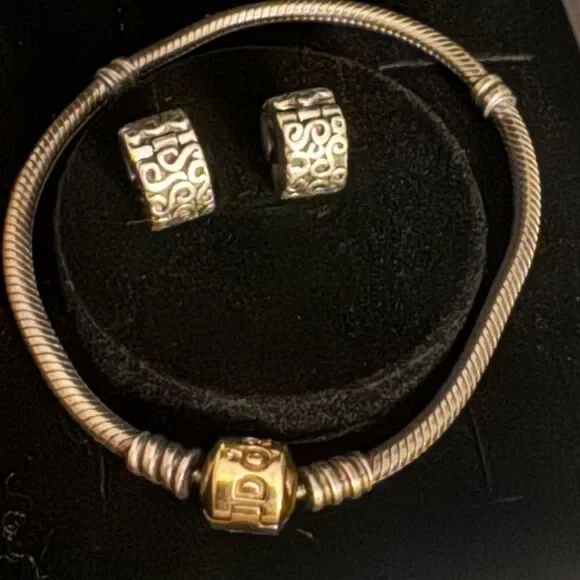 Authentic Pandora *14k* Gold and Silver Charm Bracelet -includes 2 Swirl Spacers